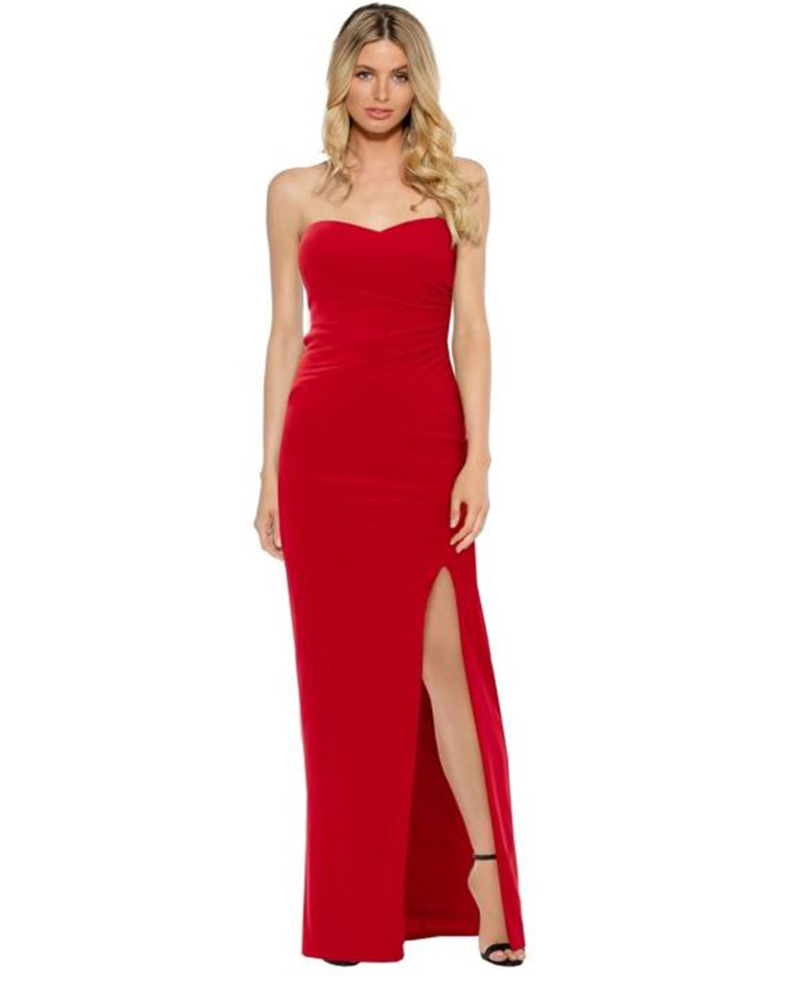 SKIVA strapless evening dress long red split gown open back sheath stretch fabric