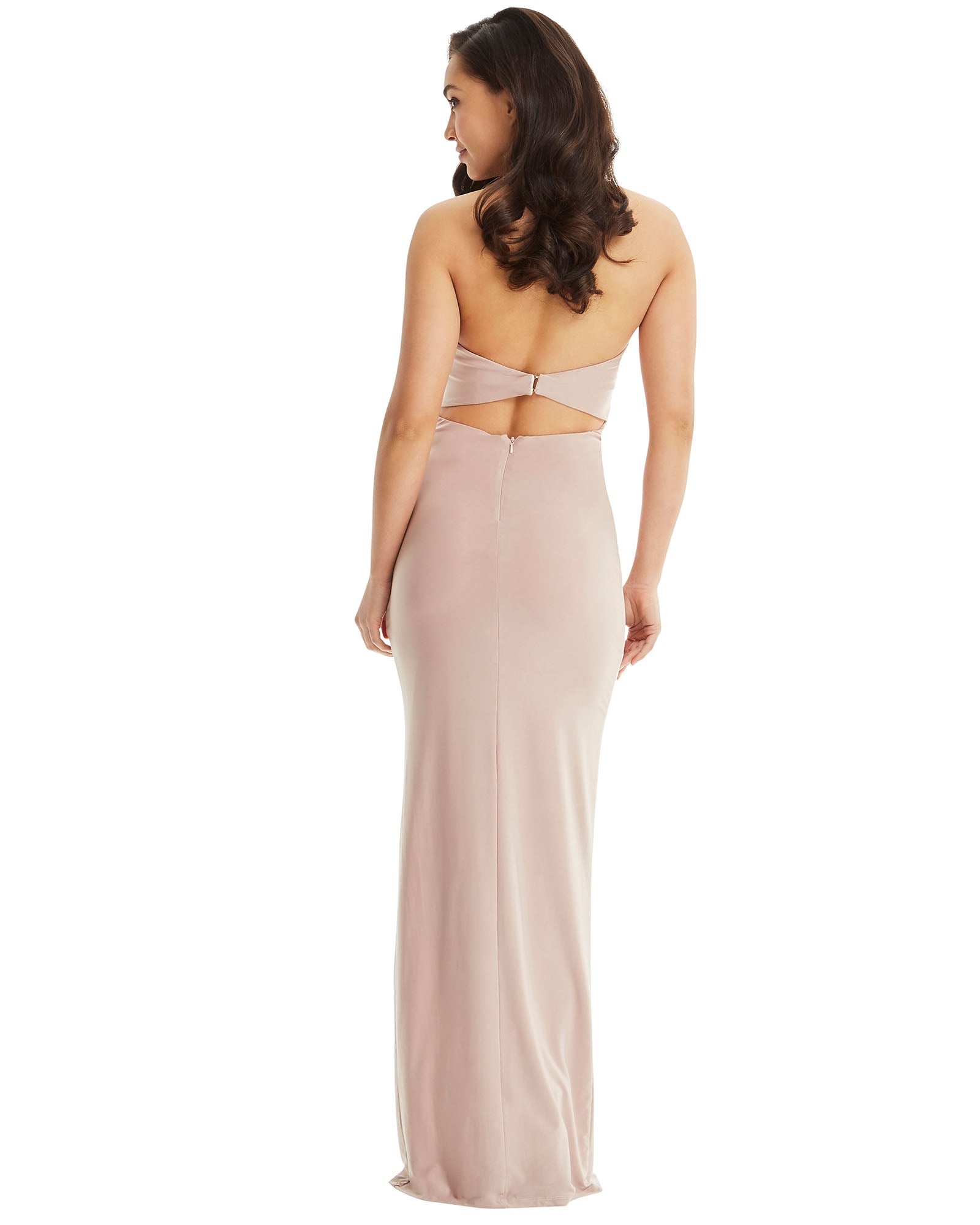SKIVA strapless evening dress long latte neutral split gown open back sheath stretch fabric