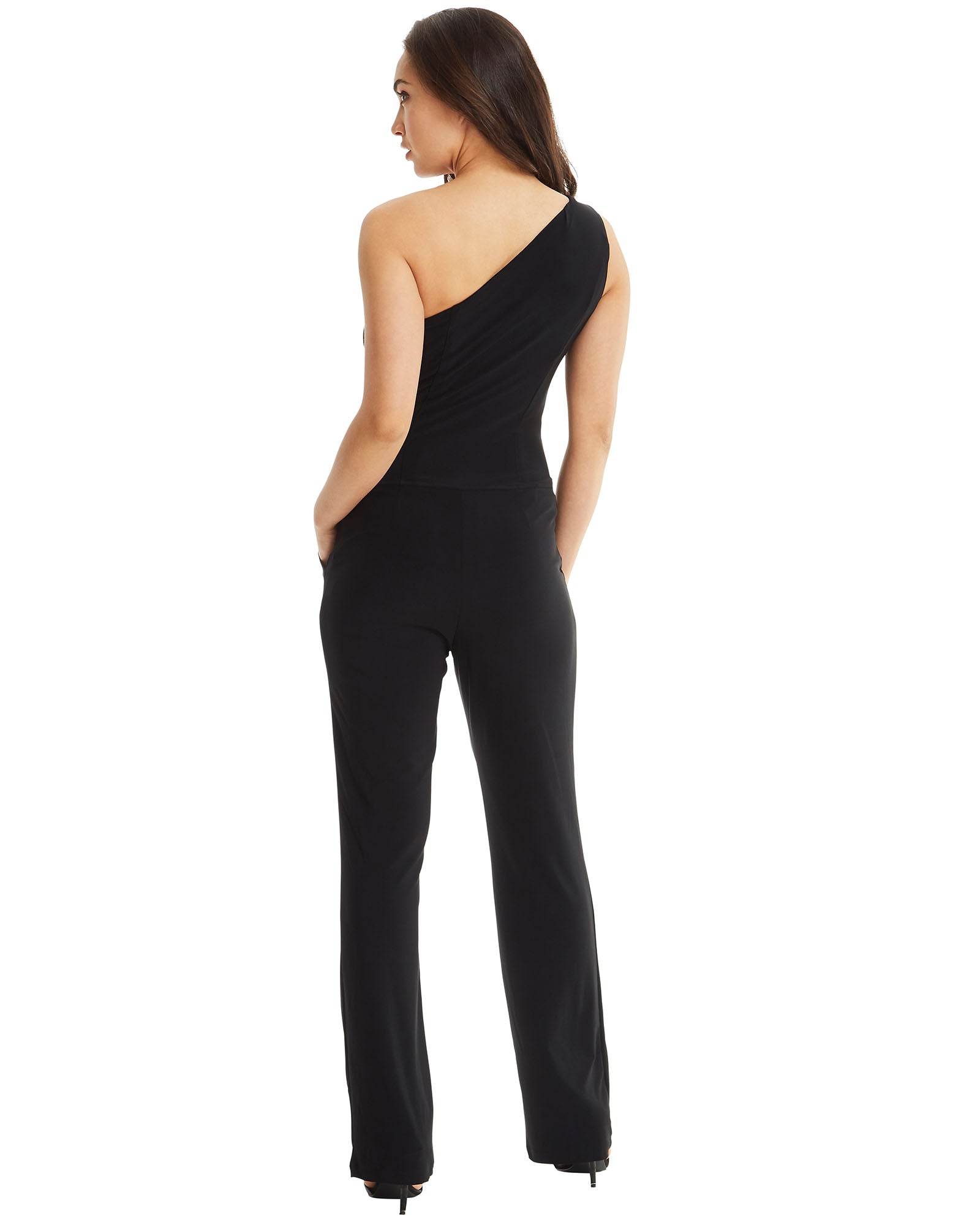 SKIVA one shoulder jumpsuit pantsuit black pockets stretch jersey fabric fully lined