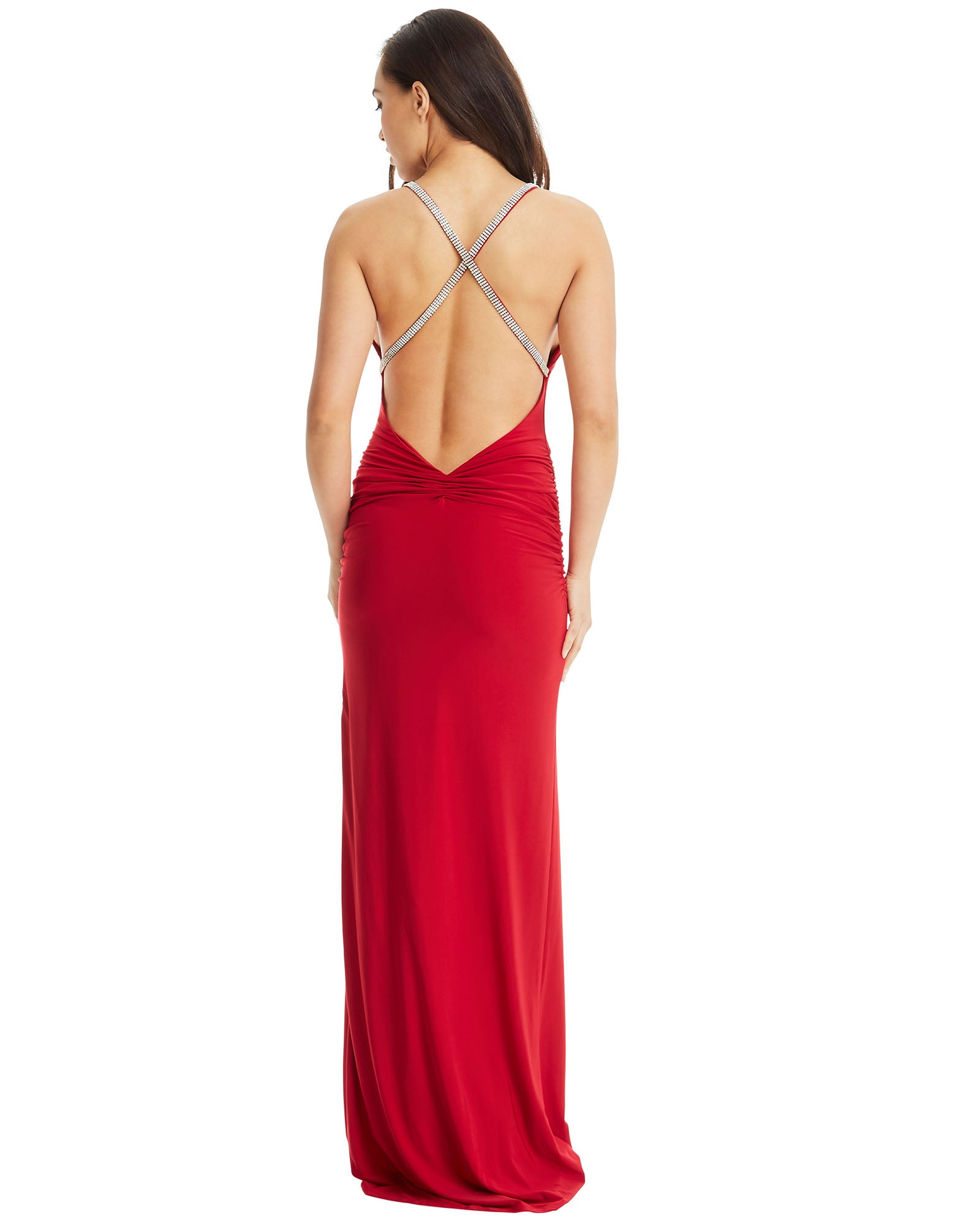 one shoulder evening dress long red strap split crystal jewels diamante