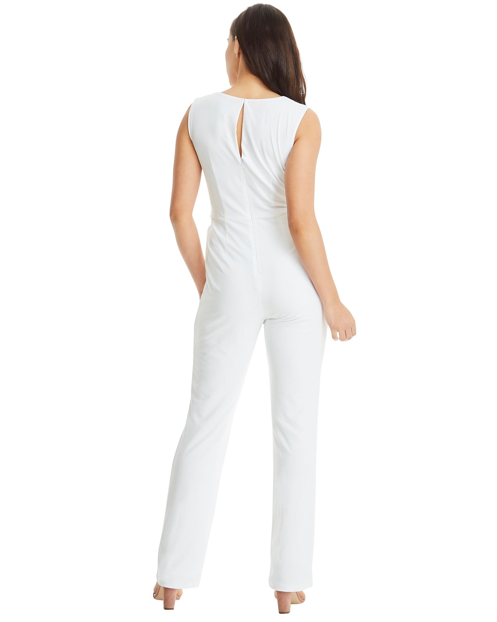 SKIVA V neck jumpsuit pantsuit straps white stretch jersey  fabric pockets zipper fully lined