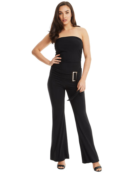 SKIVA strapless jumpsuit pantsuit black gold buckle stretch jersey elastane fabric fully lined